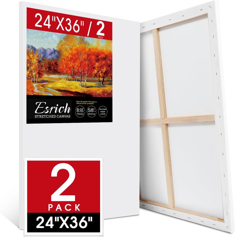 ESRICH Stretched Canvas for Painting 24x36 Inch, 2 Pack Large Canvas for Painting, Primed Acid-Free Cotton Blank Canvases 24x36 Inch, Large Painting Canvas for Oil Paint,Watercolor,Acrylic Paint. - Image 1